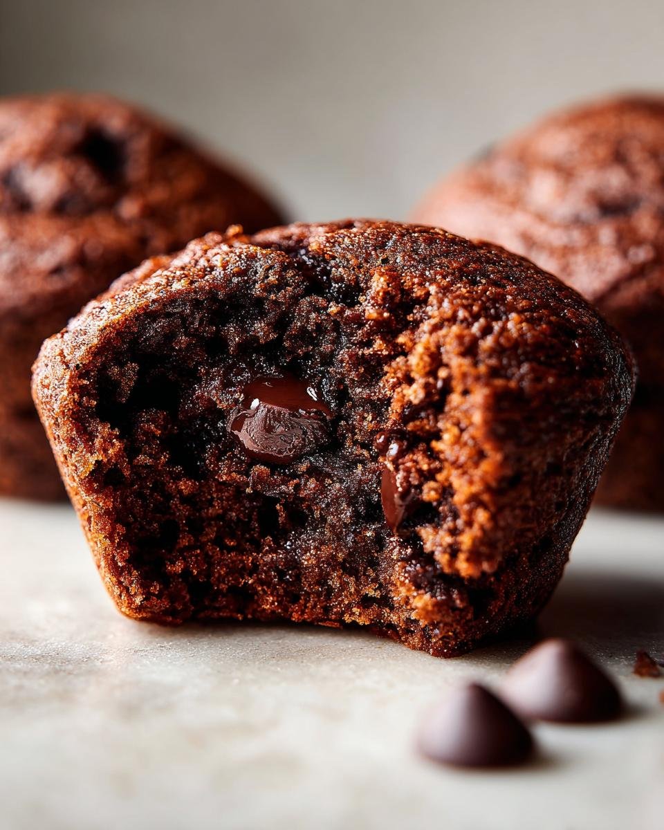 A close-up of a decadent double chocolate zucchini muffin, with a gooey melted chocolate center and visible chocolate chips.