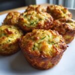 Close-up of golden-brown Delicious Healthy Crispy Zucchini Potato Muffins on a white plate.