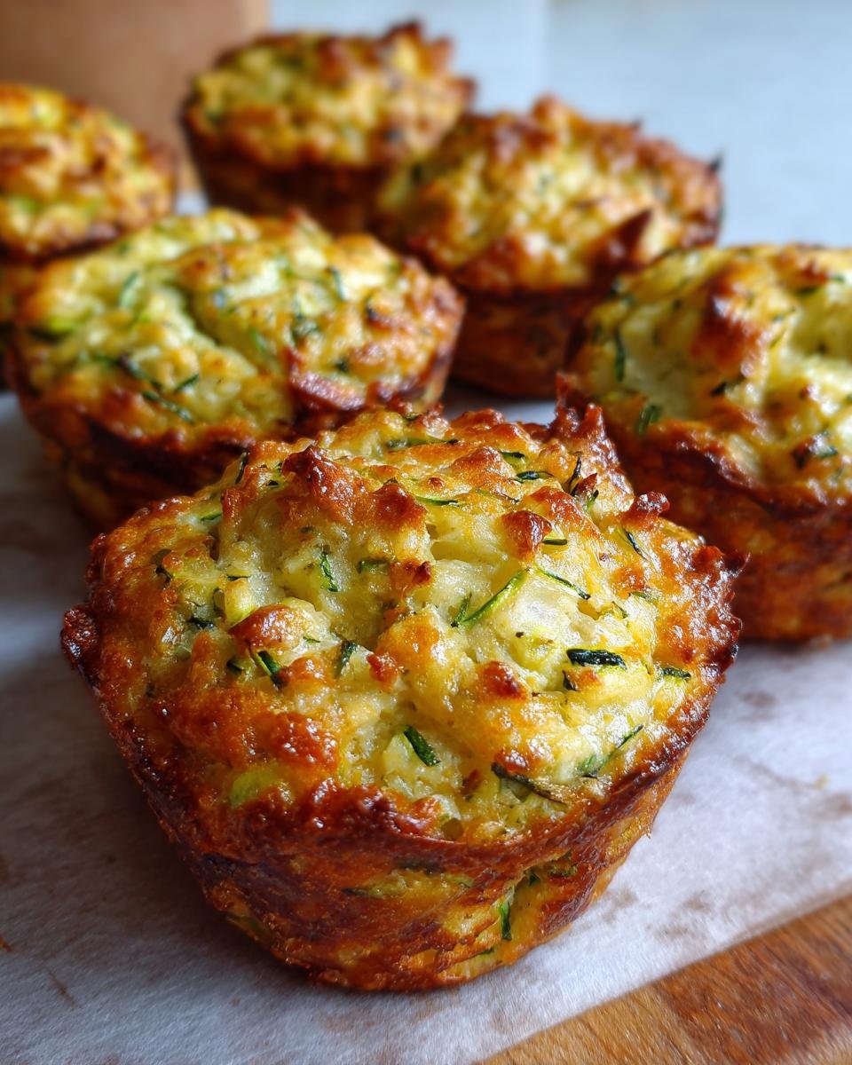 Close-up of golden-brown, crispy zucchini potato muffins with visible zucchini shreds.