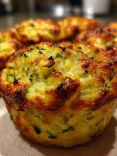Close-up of Delicious Healthy Crispy Zucchini Potato Muffins with golden brown tops and visible zucchini.