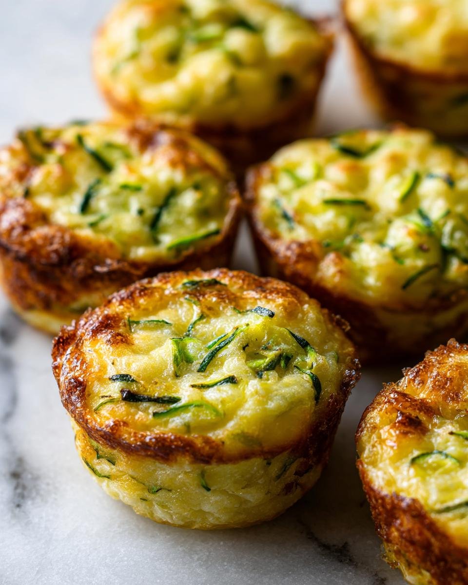Close-up of Delicious Healthy Crispy Zucchini Potato Muffins on a marble surface, showing golden-brown edges and visible zucchini shreds.