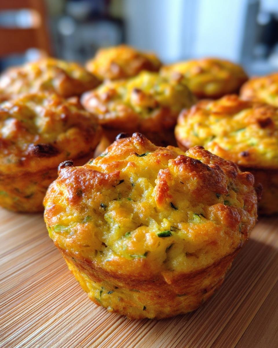 Close-up of a Delicious Healthy Crispy Zucchini Potato Muffin on a wooden board, with more muffins blurred in the background.
