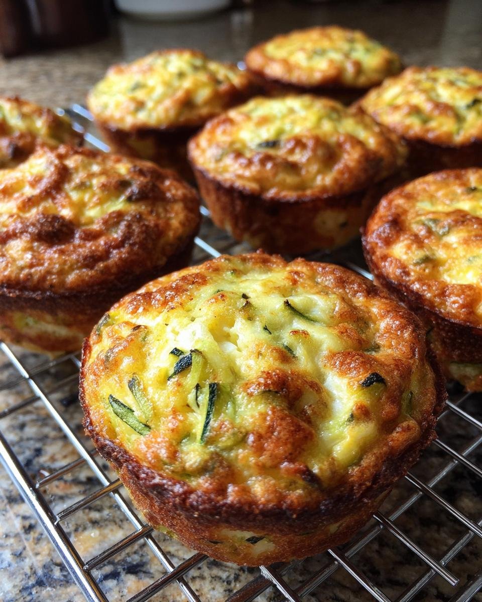 Close-up of golden-brown, crispy zucchini potato muffins cooling on a wire rack.