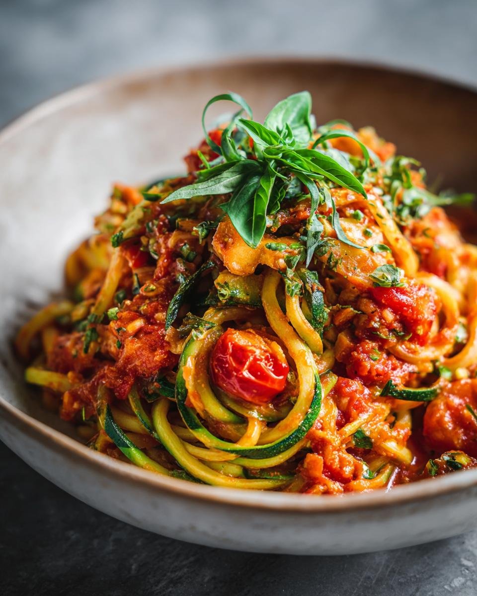A close-up of a bowl of Delicious Healthy Tomato Zucchini Pasta, garnished with fresh basil.