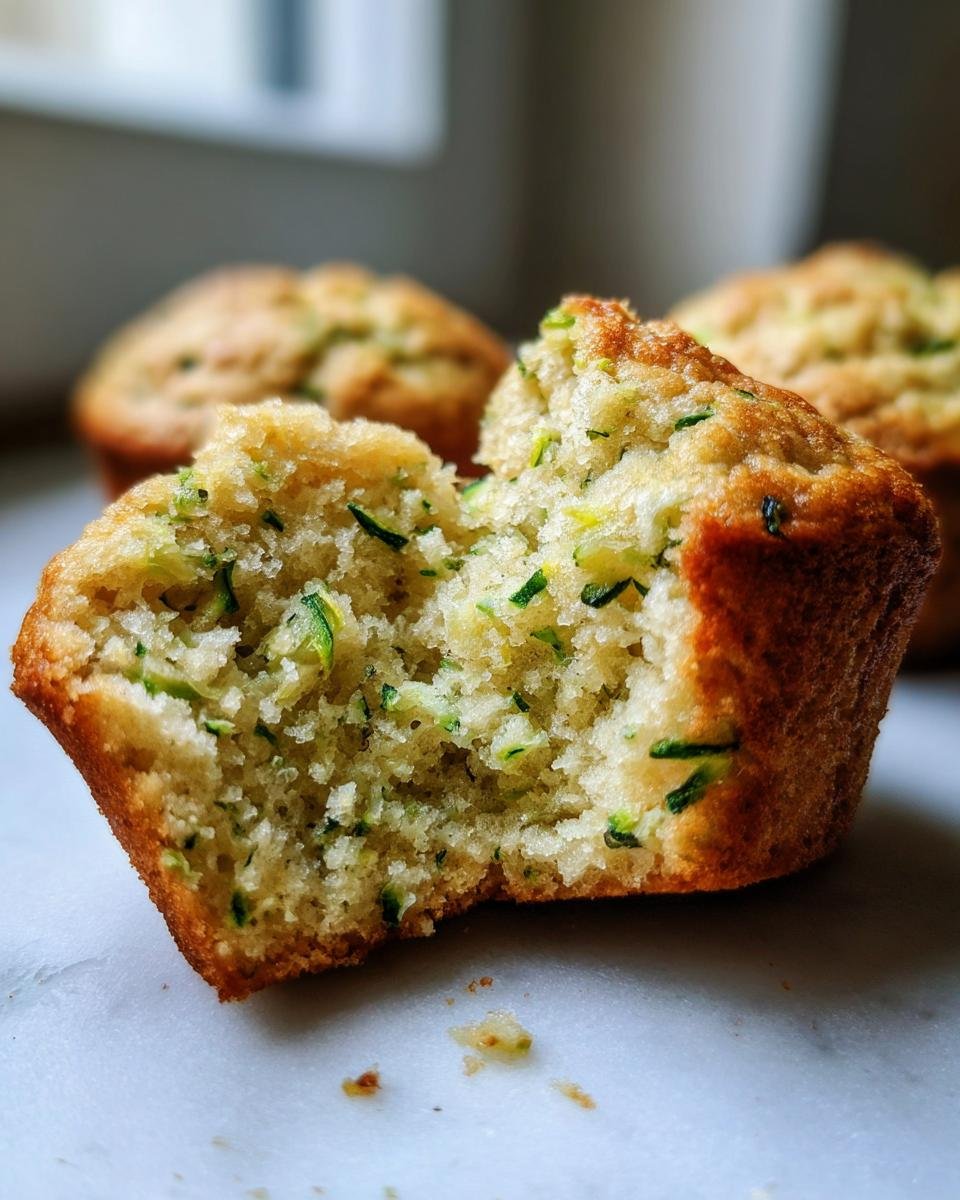 A close-up of a Delicious Healthy Zucchini Muffin broken in half, showing the moist interior with shredded zucchini.