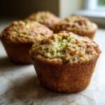 Close-up of a Delicious Healthy Zucchini Muffin, showing its golden-brown crust and visible shreds of zucchini.