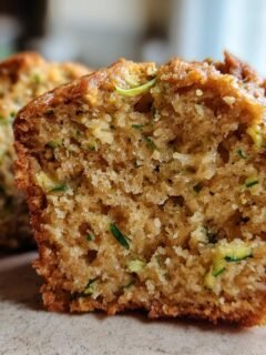 Close-up of a Delicious Healthy Zucchini Muffin cut in half, showing the moist crumb and visible zucchini shreds.