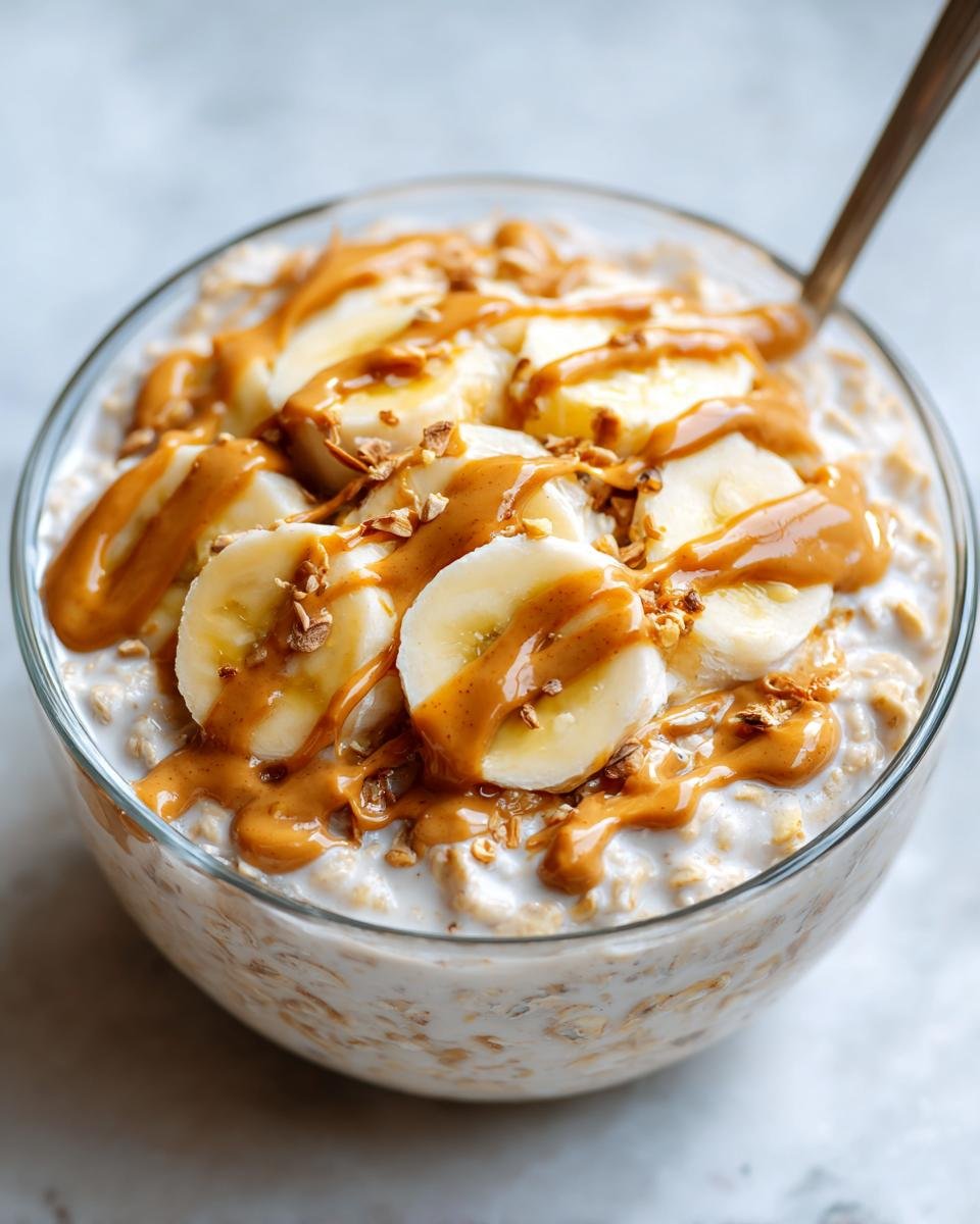A close-up of a bowl of delicious peanut butter banana overnight oats topped with banana slices and peanut butter drizzle.