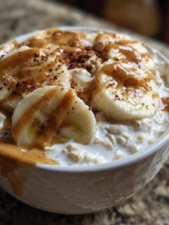 A close-up of a white mug filled with delicious peanut butter banana overnight oats, topped with banana slices and a drizzle of peanut butter.