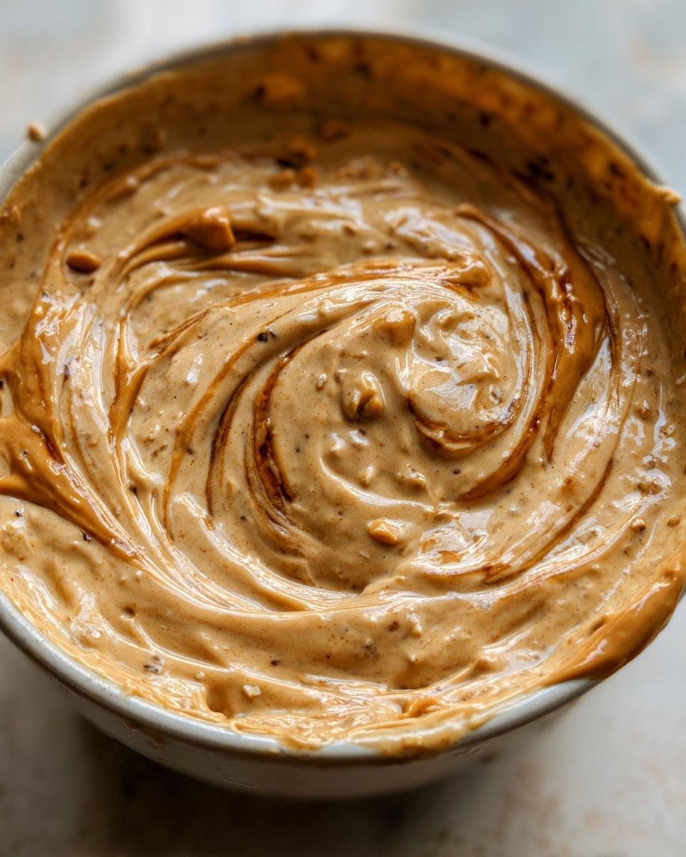 Close-up of creamy peanut butter banana overnight oats mixture with swirls of peanut butter.