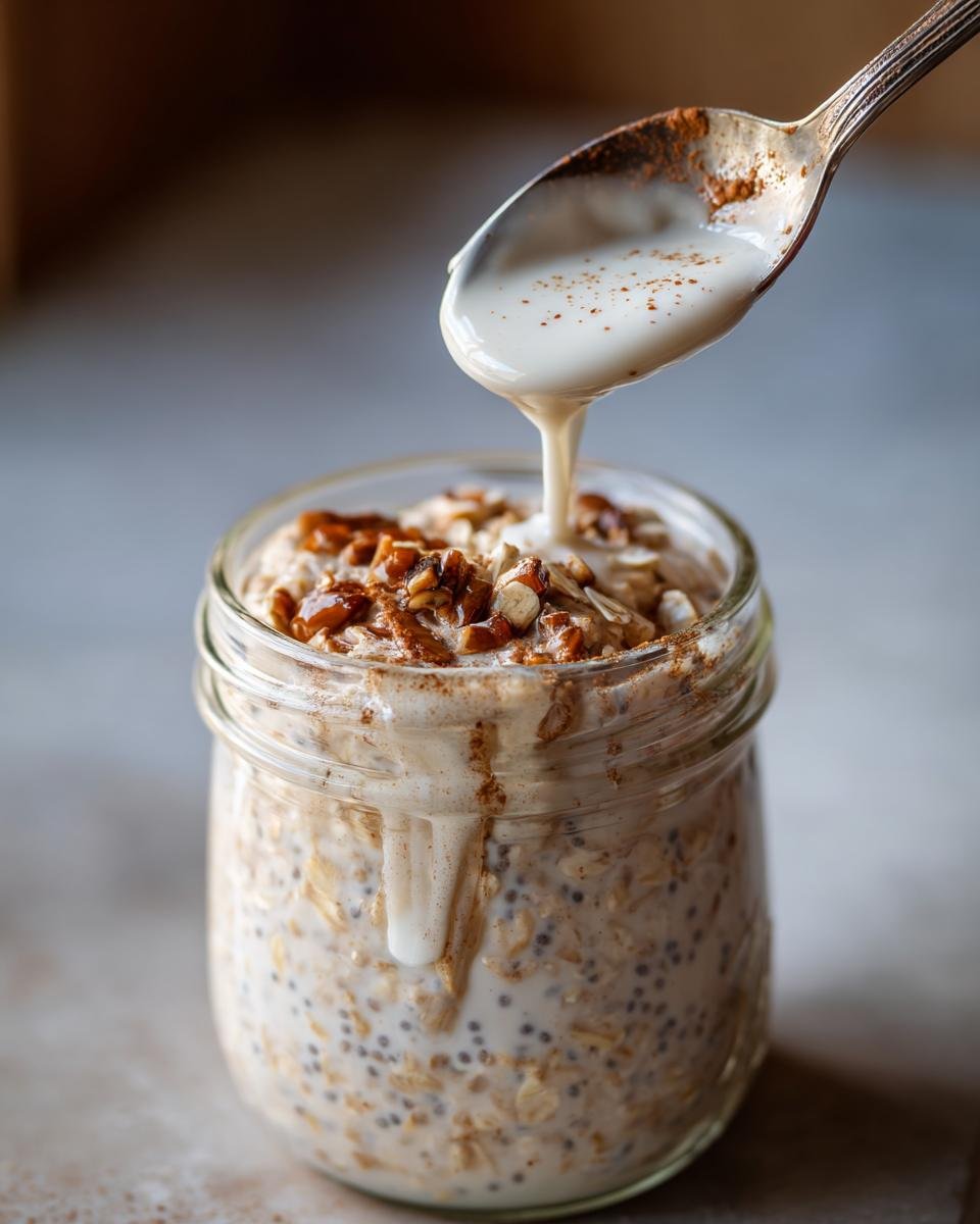 A jar of delicious protein overnight oats being topped with a creamy drizzle and chopped nuts.