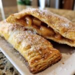Close-up of two Delightful Apple Turnovers with Puff Pastry, one sliced open to reveal the apple filling.