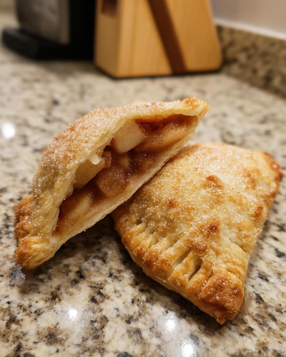 Close-up of two Delightful Apple Turnovers with Puff Pastry, one cut in half revealing a sweet apple filling.