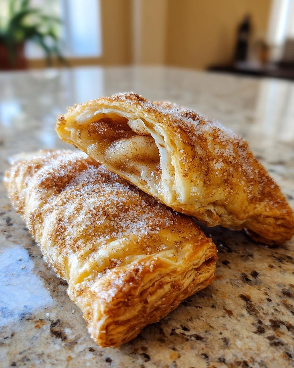 Close-up of two delightful apple turnovers with puff pastry, one cut open to reveal apple filling and cinnamon sugar topping.