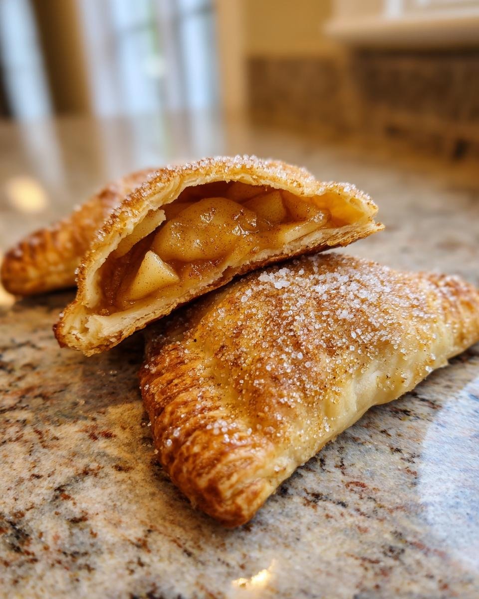 Close-up of two delightful apple turnovers with puff pastry, one split open to reveal the apple filling.