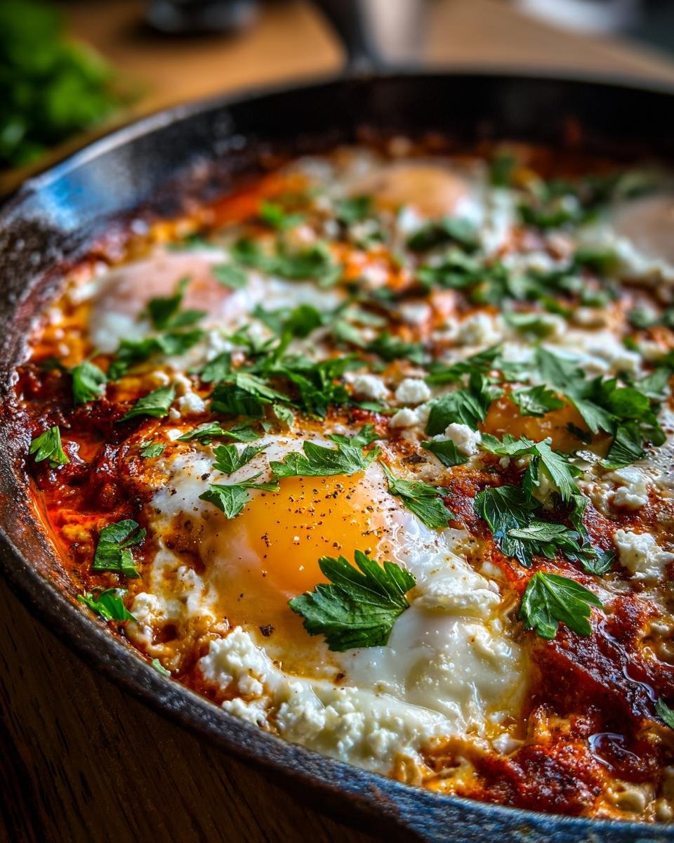 Close-up of Delightful Mediterranean Baked Feta Eggs in a cast iron skillet, topped with fresh parsley and feta cheese.