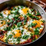 Close-up of a pan filled with Delightful Mediterranean Baked Feta Eggs, topped with fresh parsley and crumbled feta.