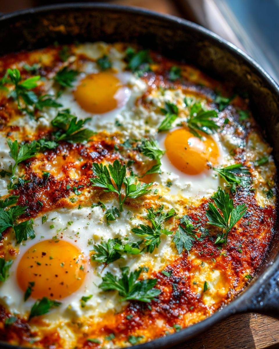 Close-up of a skillet with Delightful Mediterranean Baked Feta Eggs, featuring runny yolks and fresh parsley.