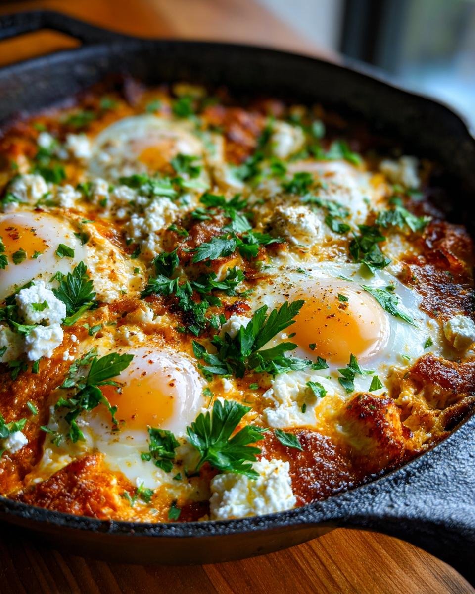 Close-up of a Delightful Mediterranean Baked Feta Eggs recipe in a cast-iron skillet, topped with fresh parsley.