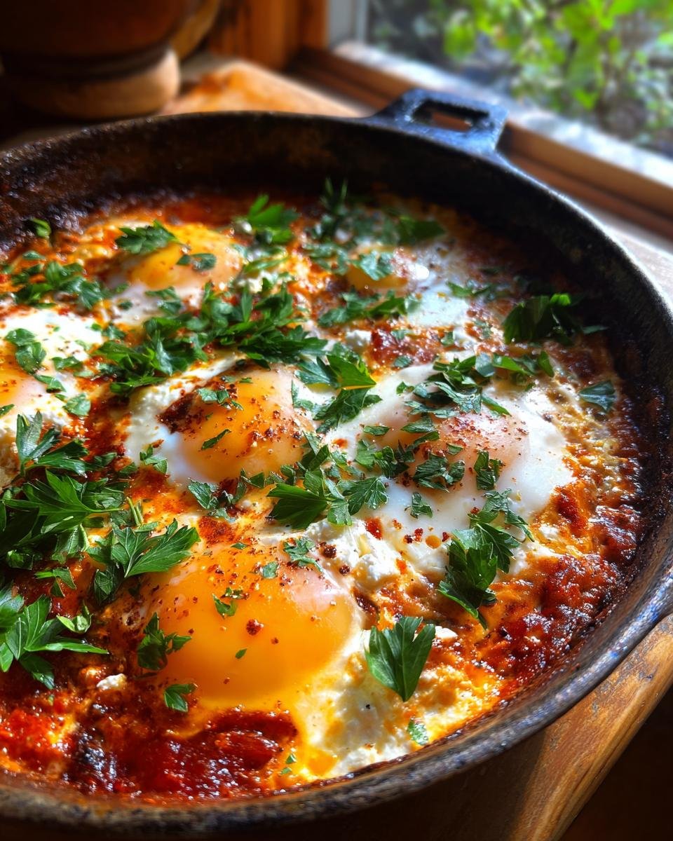 Close-up of a skillet filled with Delightful Mediterranean Baked Feta Eggs, topped with fresh parsley.