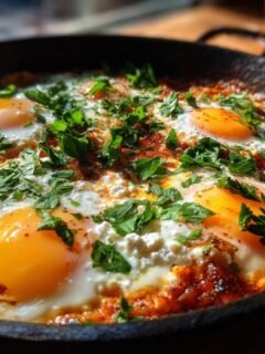 Close-up of Delightful Mediterranean Baked Feta Eggs with runny yolks and fresh parsley in a cast iron skillet.