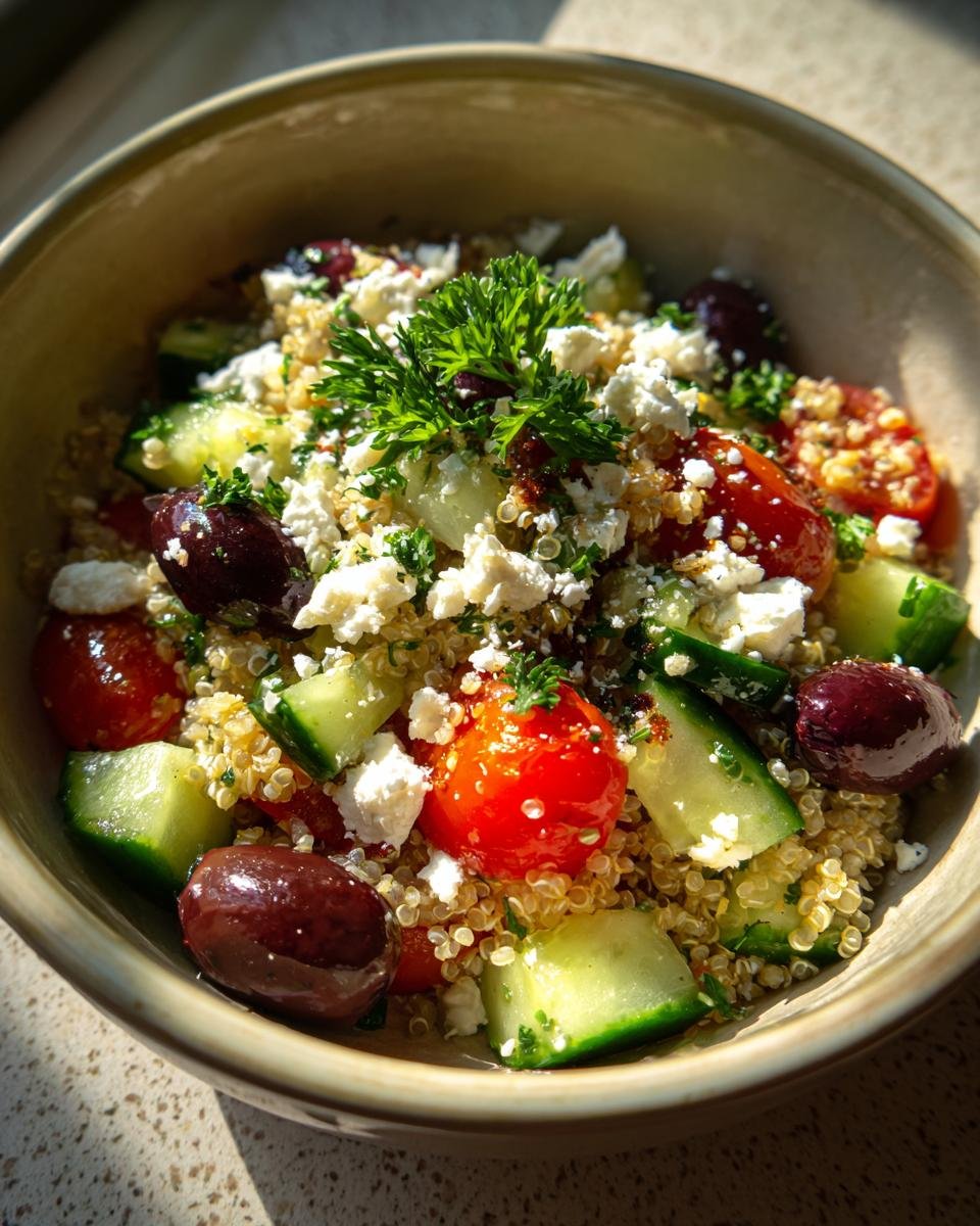 A close-up of a delightful Mediterranean bowl filled with quinoa, cucumber, cherry tomatoes, olives, and feta cheese, topped with parsley.