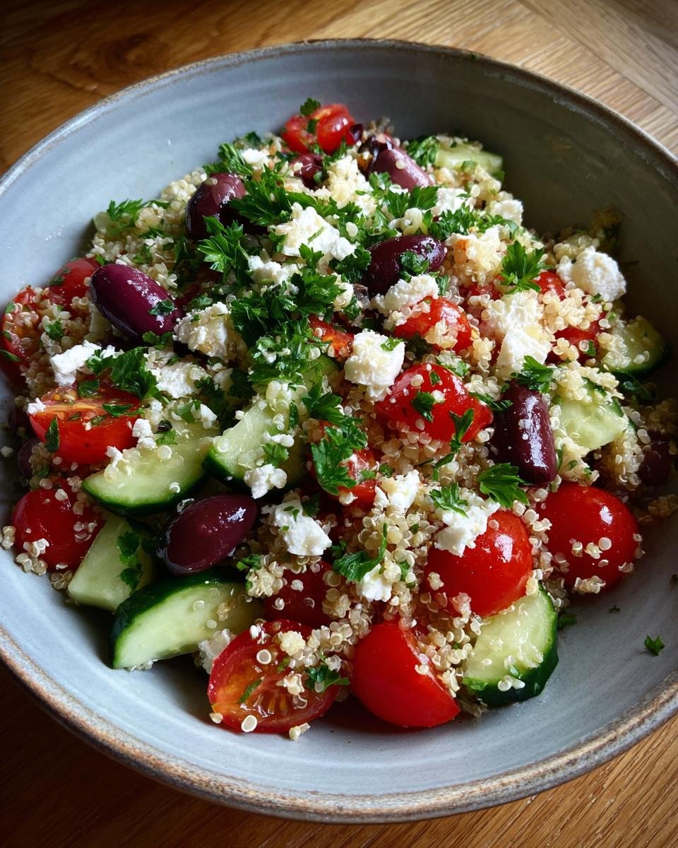 A close-up of a Delightful Mediterranean Bowl filled with quinoa, cherry tomatoes, cucumber, Kalamata olives, feta cheese, and parsley.