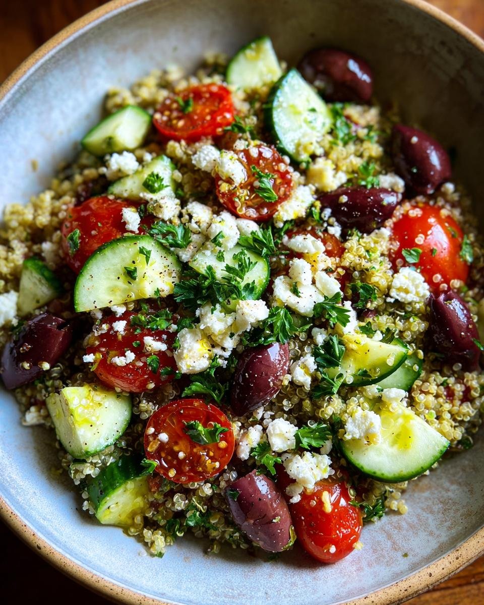 Close-up of a Delightful Mediterranean Bowl featuring quinoa, cherry tomatoes, cucumber, Kalamata olives, and feta cheese.