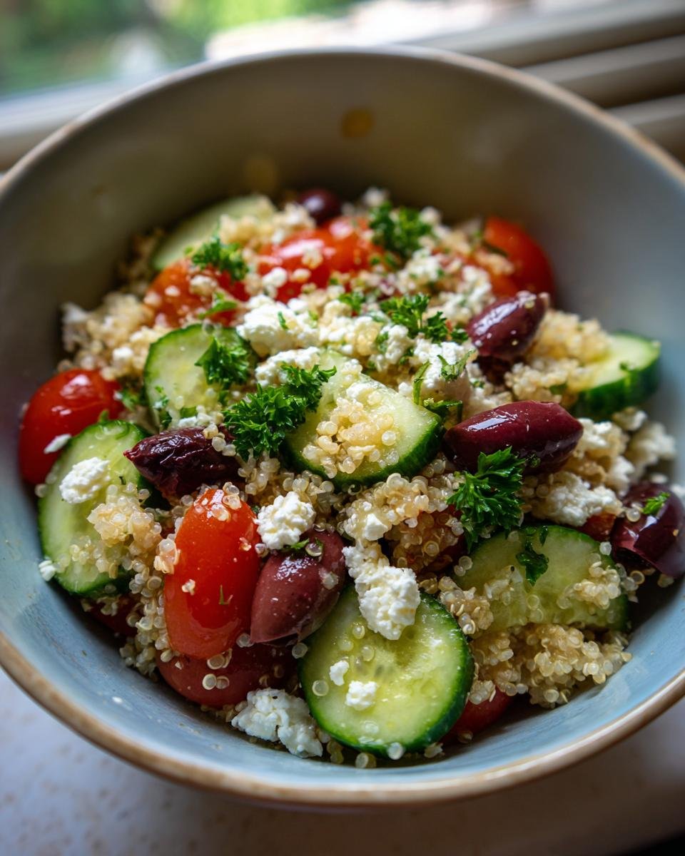 A close-up of a Delightful Mediterranean Bowl filled with quinoa, cucumber, cherry tomatoes, Kalamata olives, feta cheese, and parsley.