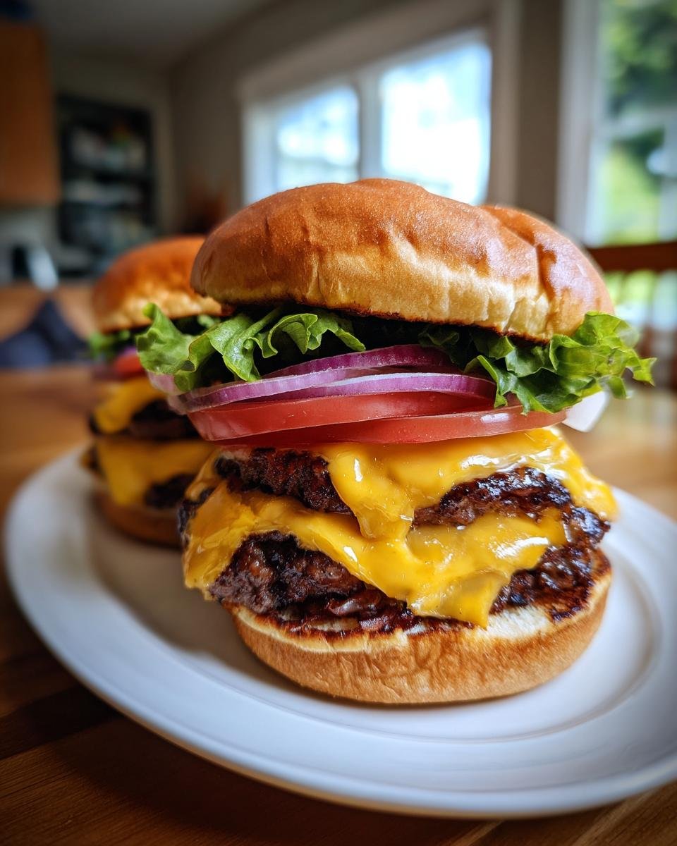 Close-up of two juicy double California Burgers stacked high with melted cheese, red onion, and lettuce.