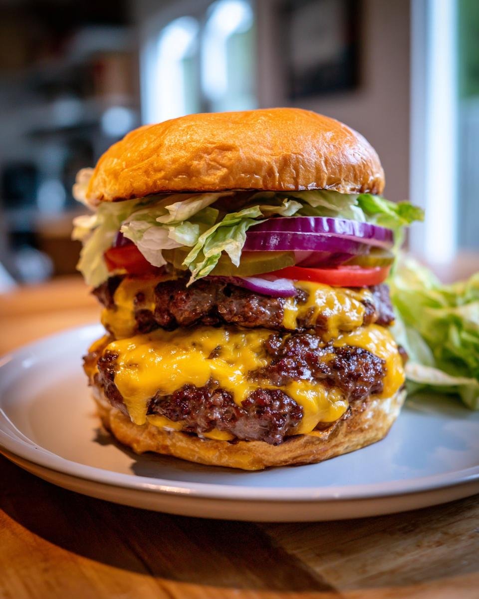 A towering double patty California Burgers stacked high with melted cheese, lettuce, tomato, onion, and pickles on a brioche bun.