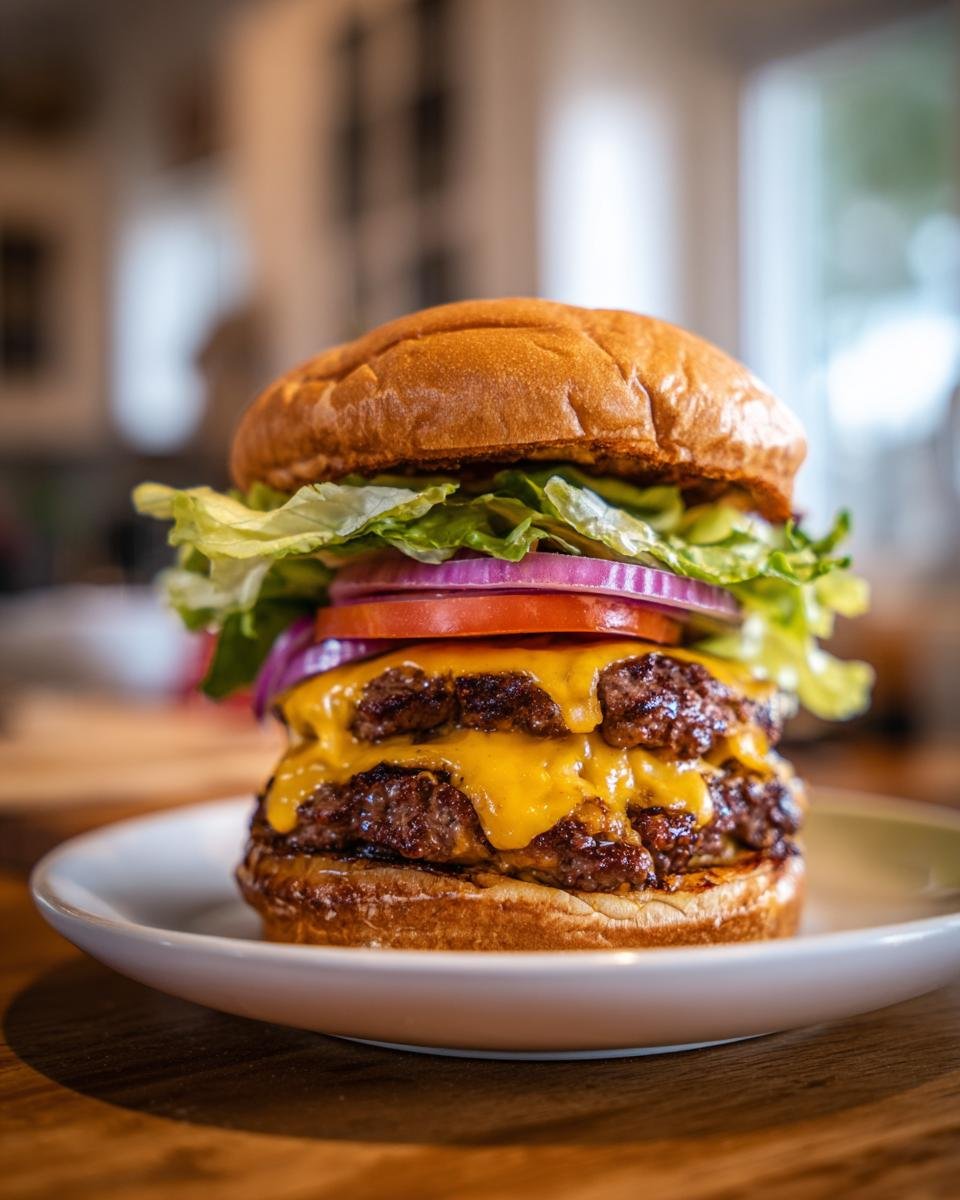 A tall, double patty California Burgers stacked high with melted cheese, red onion, tomato, and lettuce on a toasted bun.