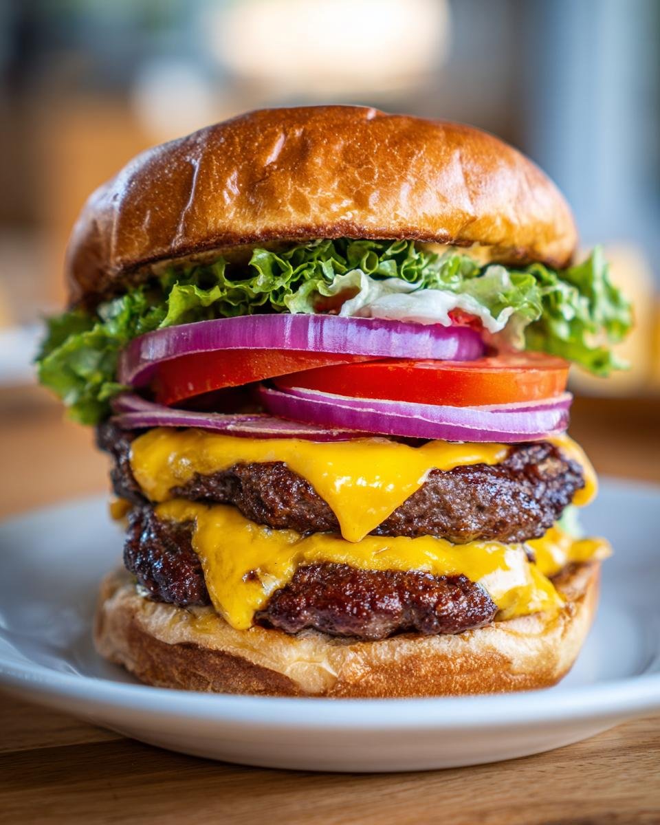 Close-up of a tall, juicy double patty California Burgers stacked high with melted cheese, red onion, tomato, and lettuce on a brioche bun.