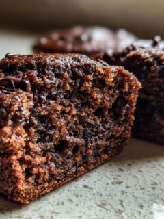 Close-up of a halved Decadent Double Chocolate Zucchini Muffin, showing moist crumb and chocolate chips.