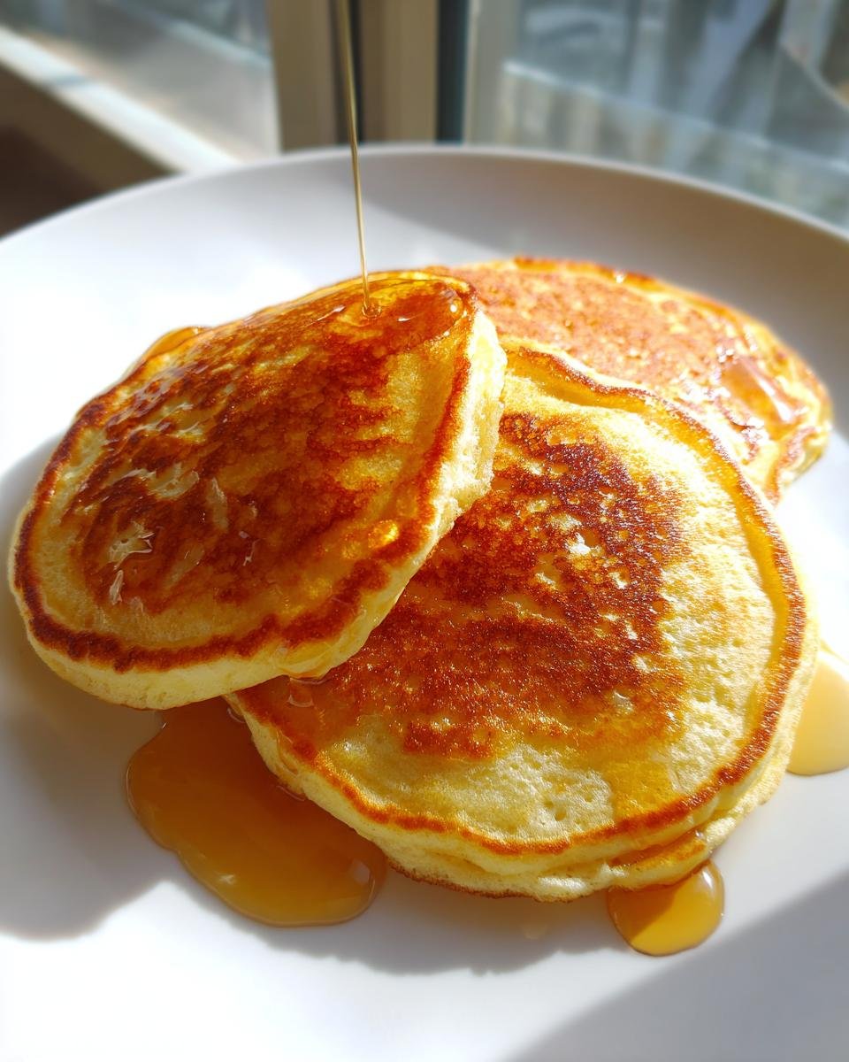 A stack of fluffy pancakes being drizzled with syrup on a white plate.