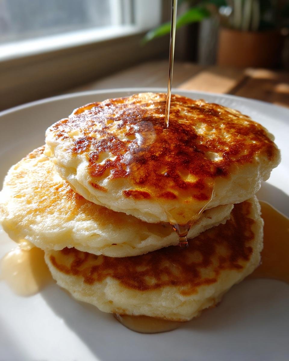 A stack of three fluffy pancakes being drizzled with syrup, showcasing the easy basic pancakes recipe.