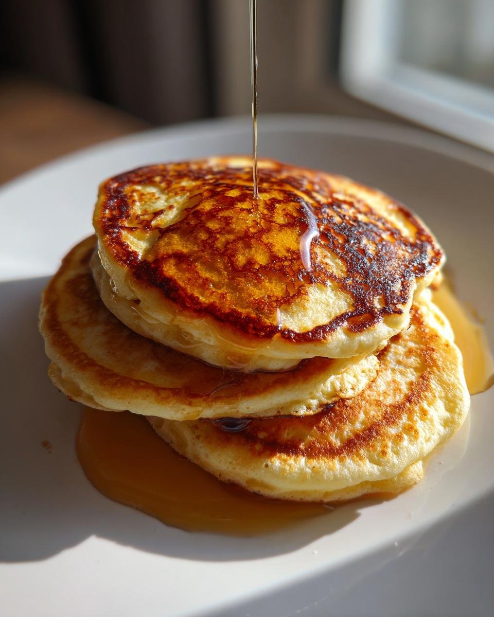 A stack of fluffy pancakes with syrup being poured on top, showcasing the easy basic pancakes recipe.