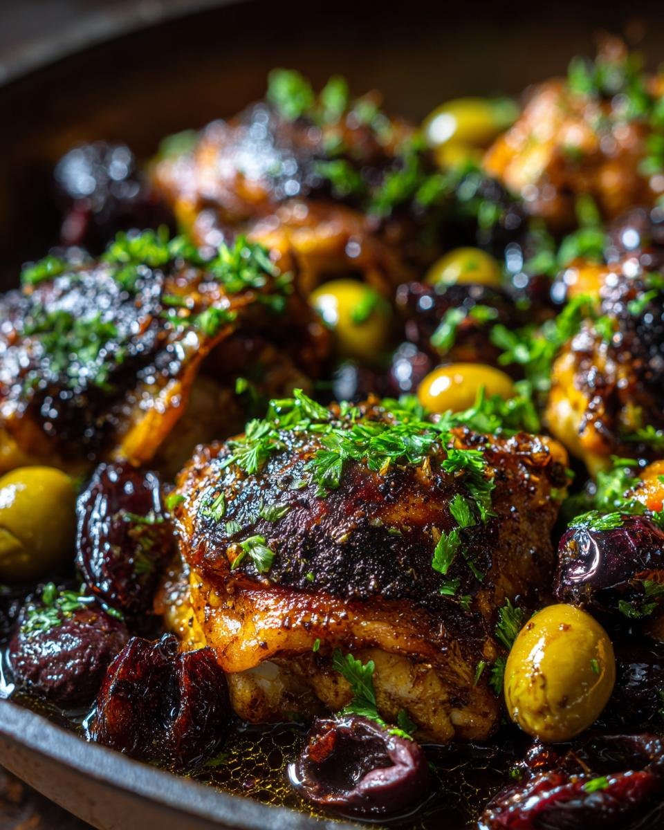Close-up of baked chicken thighs glazed dark, surrounded by green olives and prunes for Easy Chicken Marbella.
