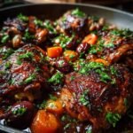 Close-up of rich, glazed chicken pieces in a skillet, surrounded by olives and apricots for Easy Chicken Marbella.