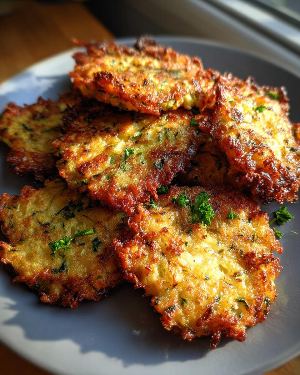 A close-up of golden-brown, crispy zucchini fritters piled on a grey plate, garnished with fresh parsley.