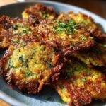 A close-up of golden-brown, crispy zucchini fritters sprinkled with fresh parsley on a grey plate.
