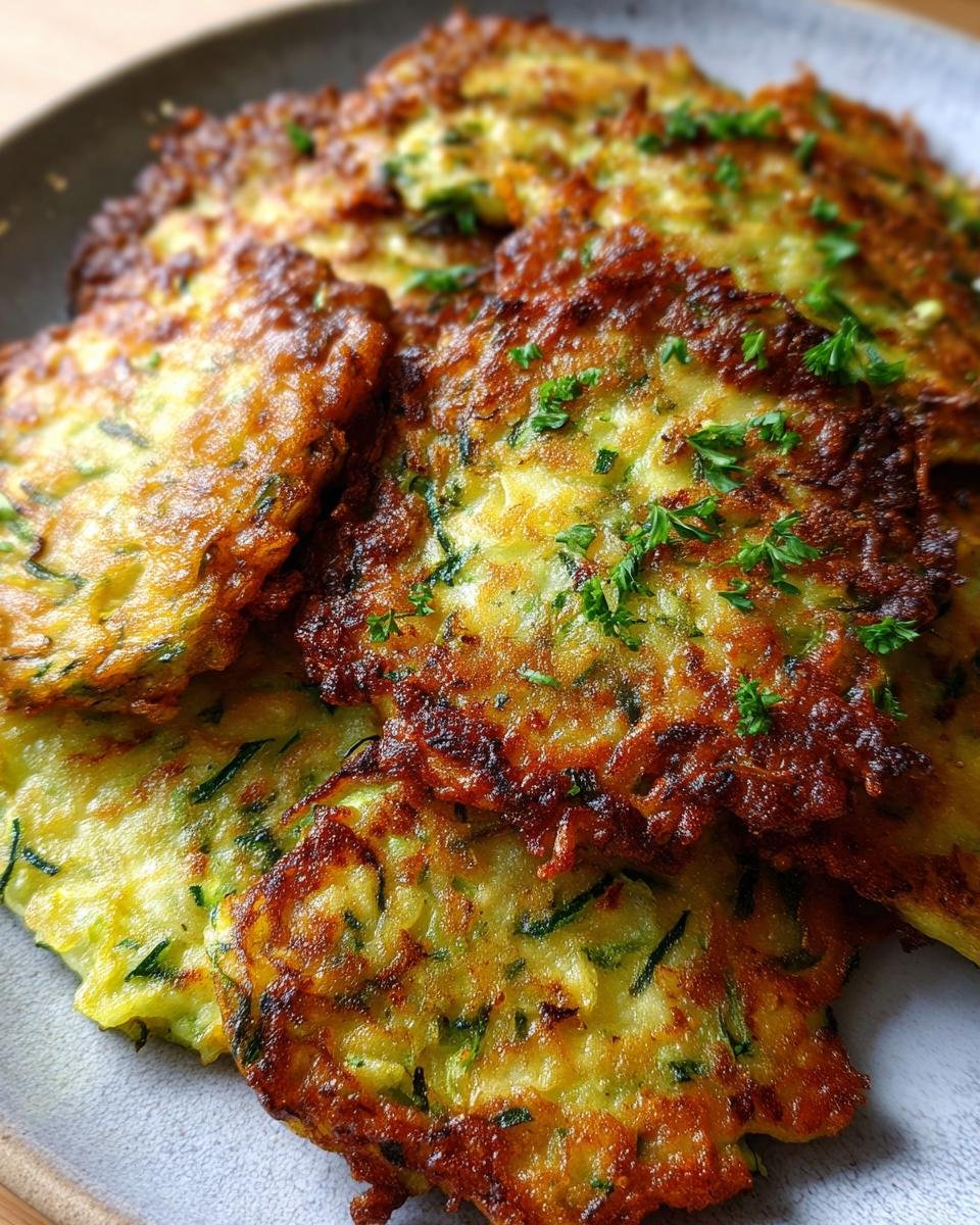 A close-up shot of golden-brown, crispy zucchini fritters, garnished with fresh parsley, showcasing their delicious crunch.