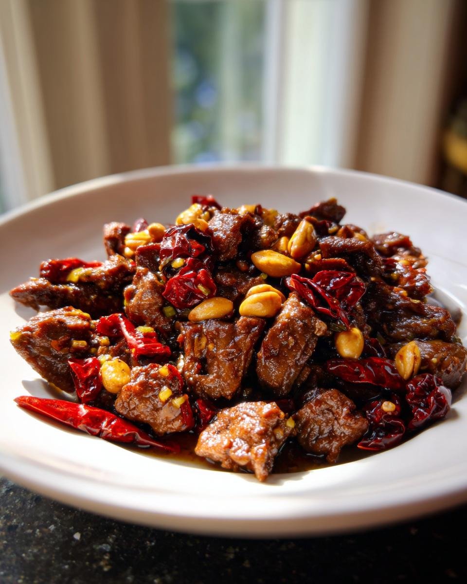 A close-up of Easy Kung Pao Beef served on a white plate, featuring dark, saucy beef chunks, roasted peanuts, and dried red chilies.