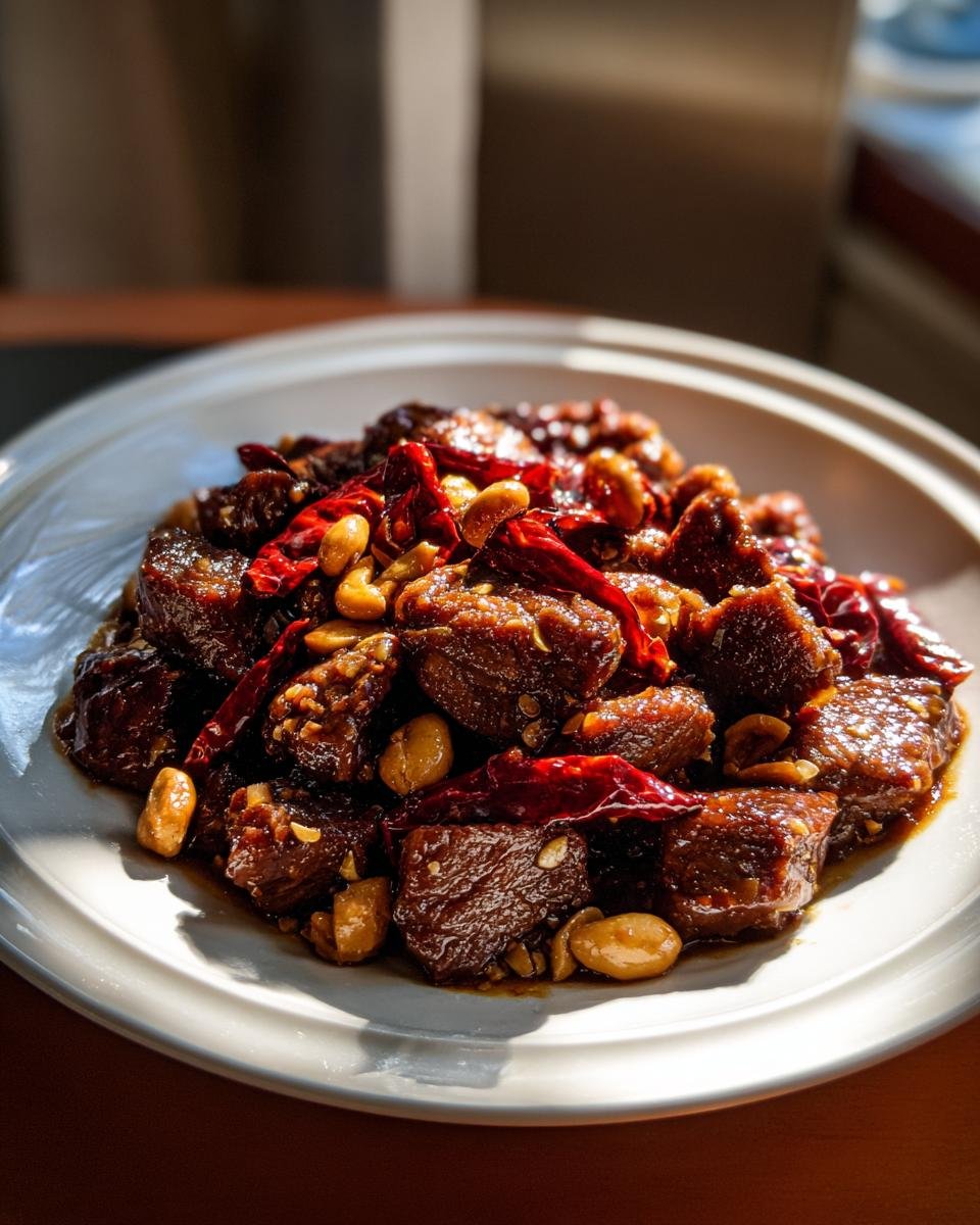 A close-up of glossy, saucy Easy Kung Pao Beef cubes mixed with peanuts and dried red chilies on a white plate.
