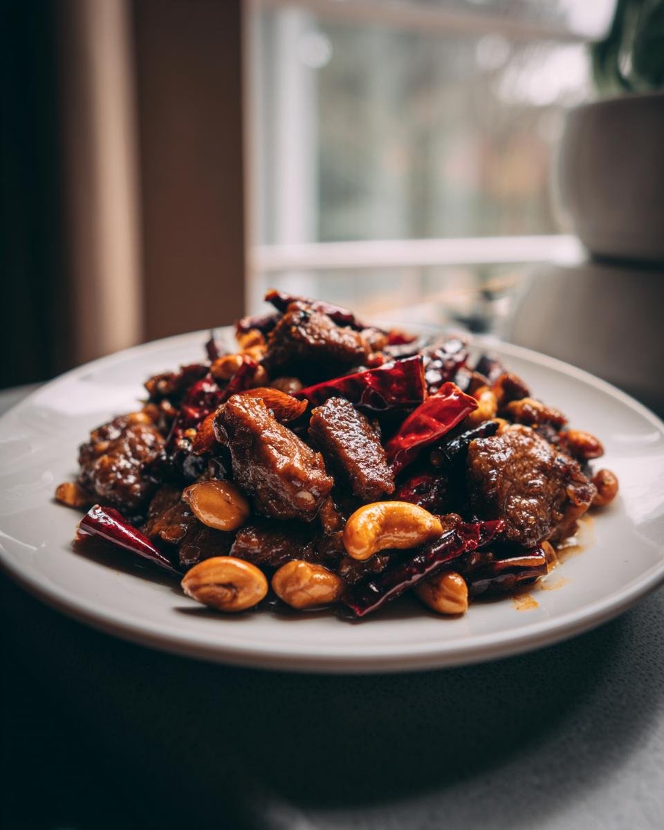 A close-up of Easy Kung Pao Beef served on a white plate, featuring glazed beef chunks, cashews, and dried red chili peppers.