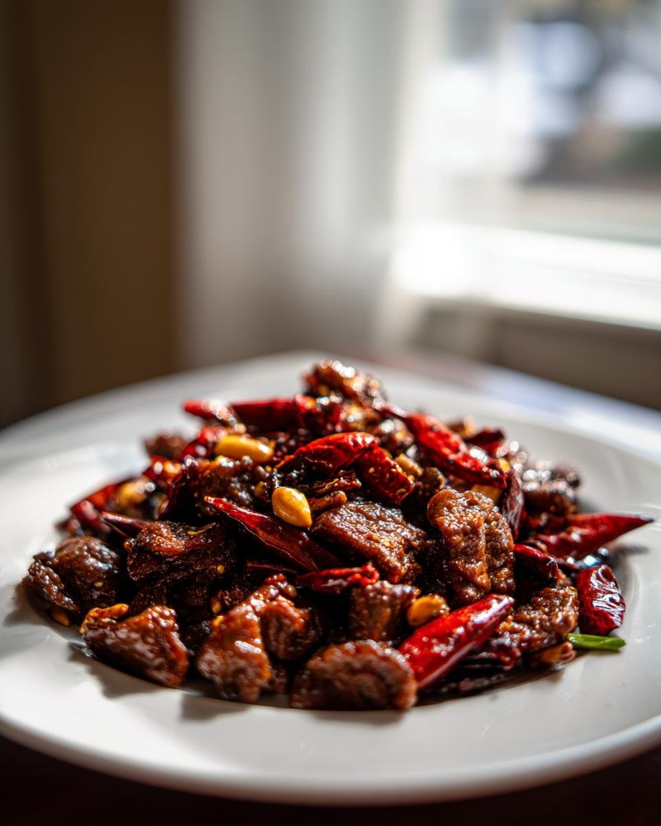 A close-up, appetizing shot of Easy Kung Pao Beef featuring dark, glazed beef chunks, whole dried red chilies, and peanuts on a white plate.