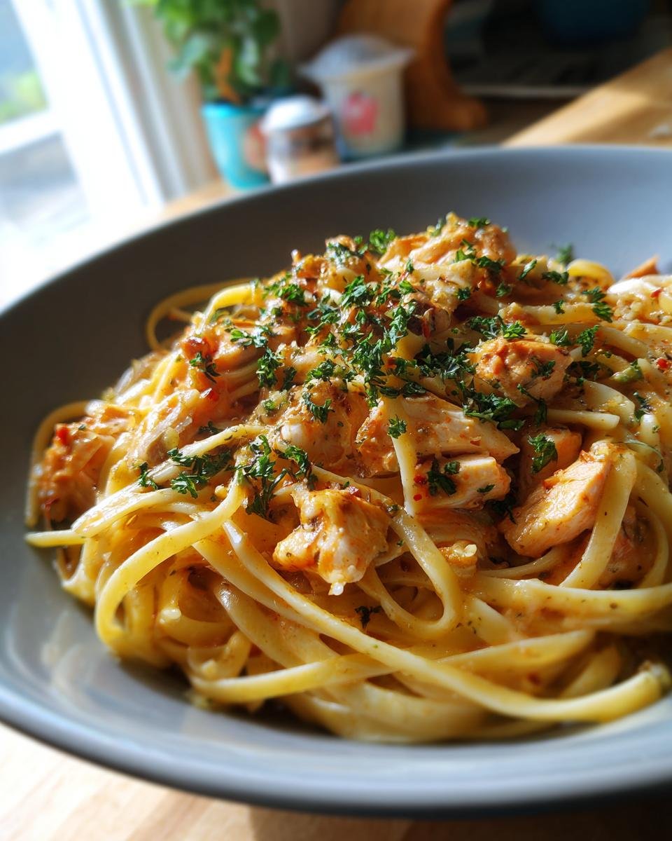 A close-up of Irresistible Easy Lemon Chicken Pasta Recipe In 30 Minutes, garnished with fresh parsley.