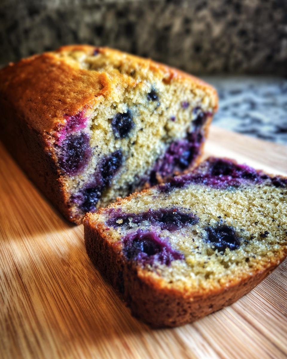 Close-up of a slice of Irresistibly Fluffy Blueberry Zucchini Bread, showcasing juicy blueberries and a moist crumb.