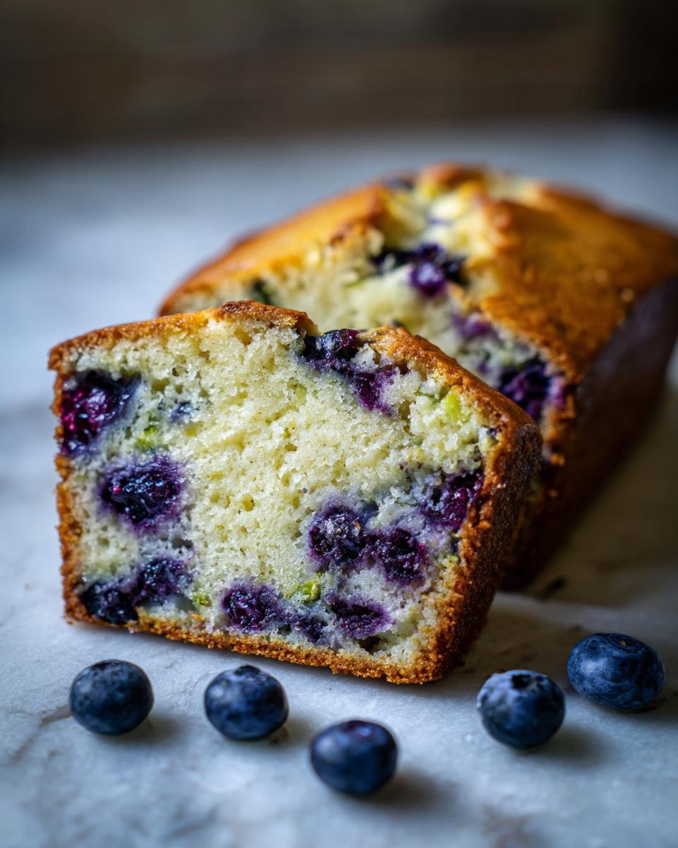Close-up of a slice from an Irresistibly Fluffy Blueberry Zucchini Bread Recipe, showing blueberries and zucchini.
