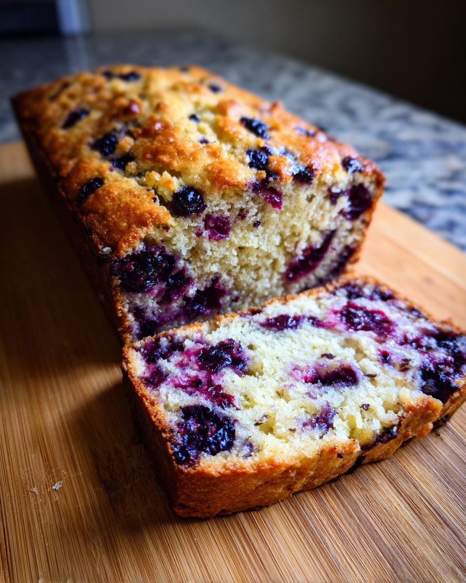 A close-up of a slice of Irresistibly Fluffy Blueberry Zucchini Bread Recipe, showing moist crumb and bursting blueberries.